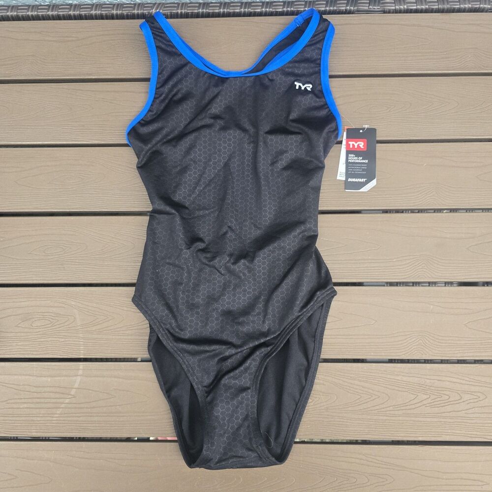 TYR Women's Durafast Elite Hexa Black/Blue Maxfit 1 piece Swimsuit Sz 34 NEW